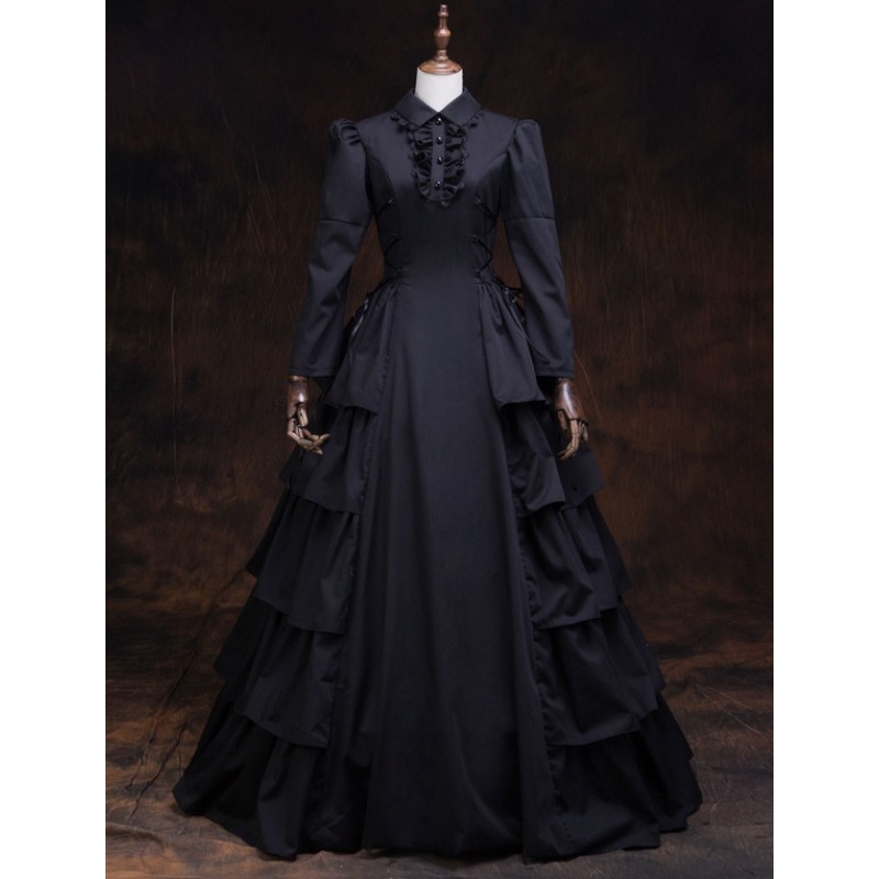 Victorian Dress Costume Women's Black Ruffles Masquerade Ball Gowns Long Sleeves Lapel Victoria Era Clothing Retro Costume Royal Mardi Gras Halloween