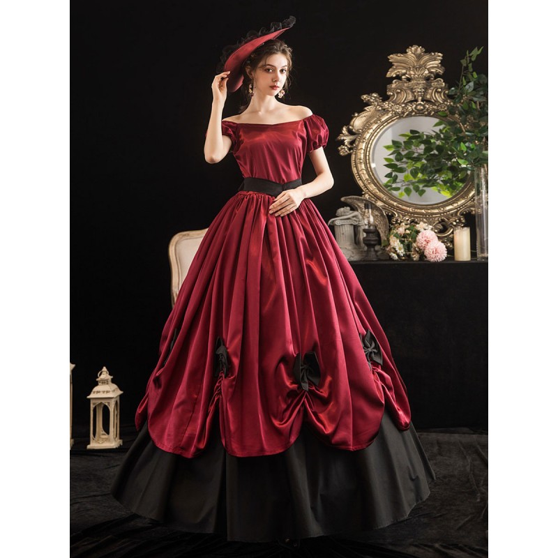 Women Victorian Dress Costumes 's Red Trumpet Short Sleeves Bow Ball Gown Dress Victorian Era Clothing Marie Antoinette Costume Halloween Sets ROCOCO