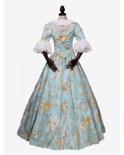 Women Light Sky Blue Costumes Bows Polyester Floral Print Dress 's Marie Antoinette Costume Masquerade Ball Gown Tunic Royal Retro