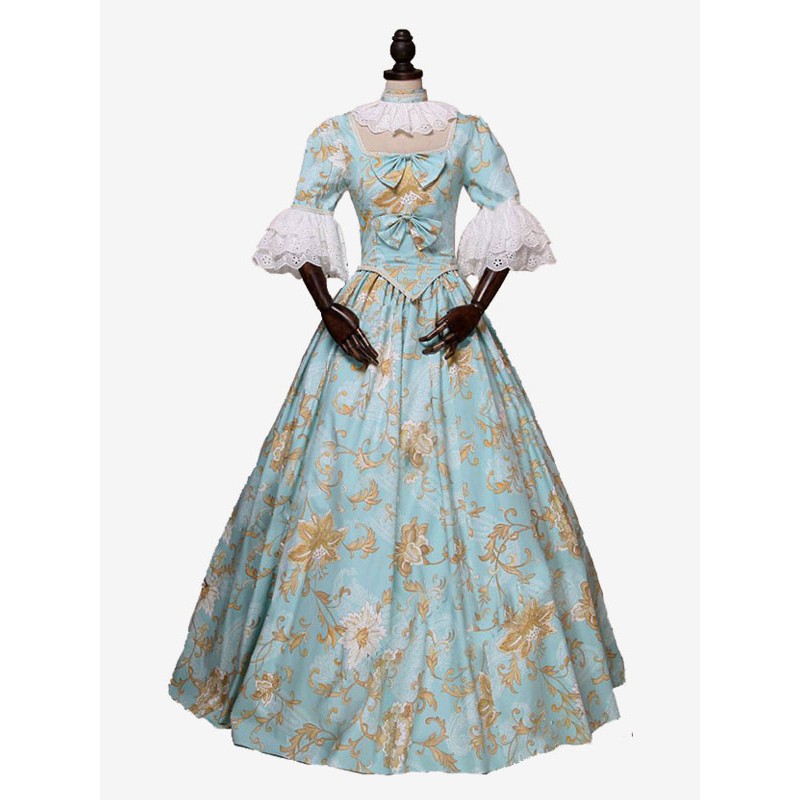 Women Light Sky Blue Costumes Bows Polyester Floral Print Dress 's Marie Antoinette Costume Masquerade Ball Gown Tunic Royal Retro