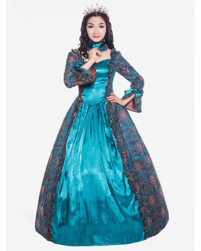 Women Victorian Dress Costume 's Cyan Blue Long Sleeves Square Neckline Flower Print Ball Gown With Choker Style Vintage Clothing Halloween Sets Victorian Era