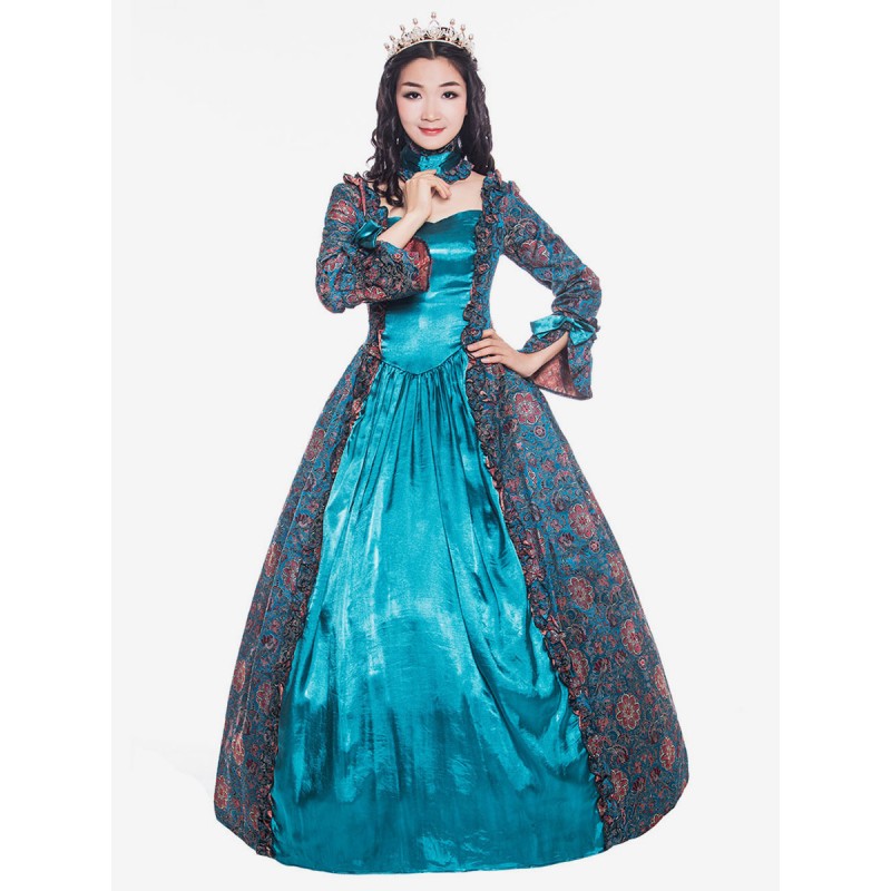 Women Victorian Dress Costume 's Cyan Blue Long Sleeves Square Neckline Flower Print Ball Gown With Choker Style Vintage Clothing Halloween Sets Victorian Era