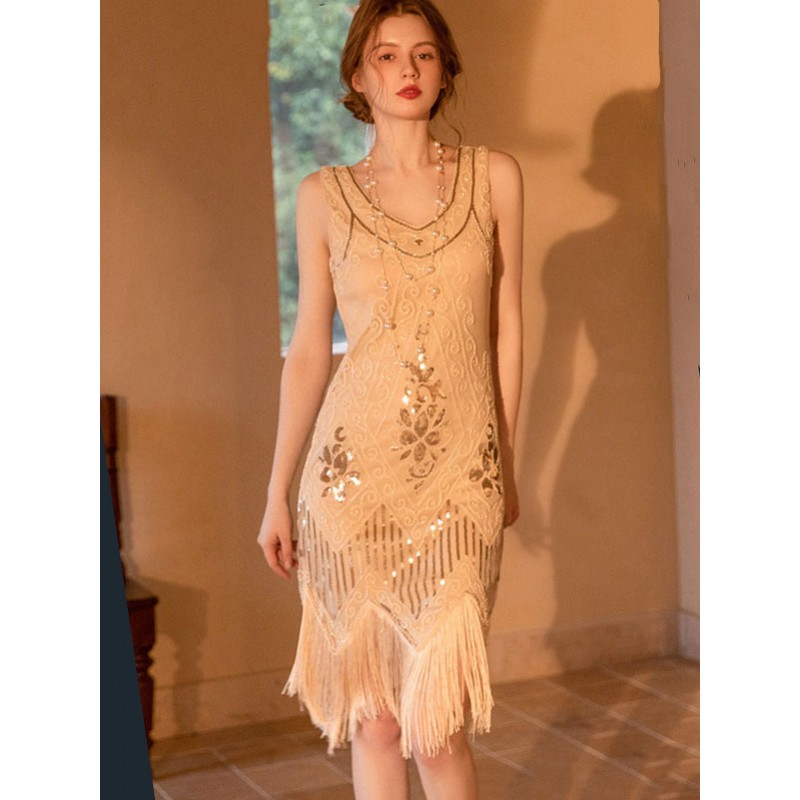 Women Party Dresses Champagne V-Neck Fringe Sleeveless Floral Print Semi Formal Dress Vintage Summer