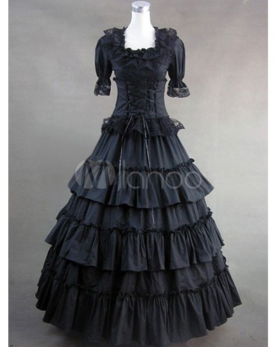 Victorian Black Lace Up Layered Ruffles Half Sleeve Retro Costumes Victorian Era Halloween Holiday Pageant Prom