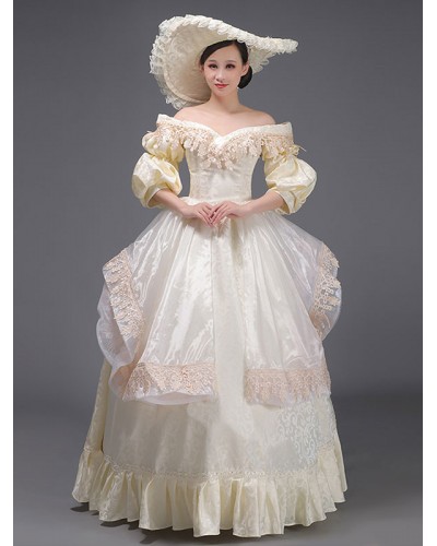 Women Champagne Retro Costumes Ruffles Marie Antoinette Costume Polyester Dress 's Clothing Tunic Vintage