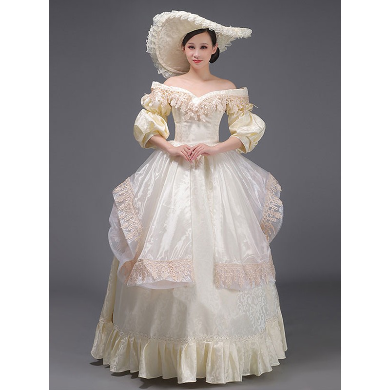 Women Champagne Retro Costumes Ruffles Marie Antoinette Costume Polyester Dress 's Clothing Tunic Vintage