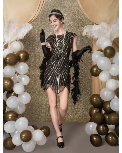 Women Black Flapper Dress 1920s Fashion Style Vintage Costume 's Sequined Zigzag Cut Short Sleeves 20s Party Outfits Short Dress Carnival