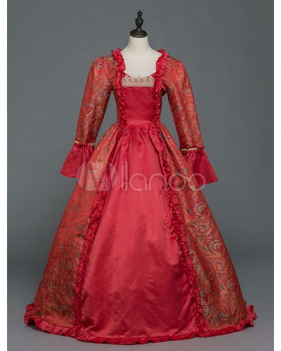 Women Retro Costume Victorian Dress Ball Gowns Masquerade Red Long Sleeve Halloween Vintage Costume Sets Baroque