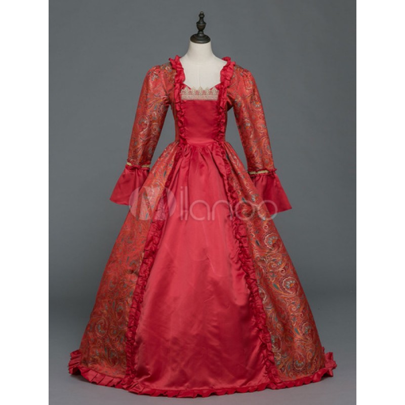 Women Retro Costume Victorian Dress Ball Gowns Masquerade Red Long Sleeve Halloween Vintage Costume Sets Baroque