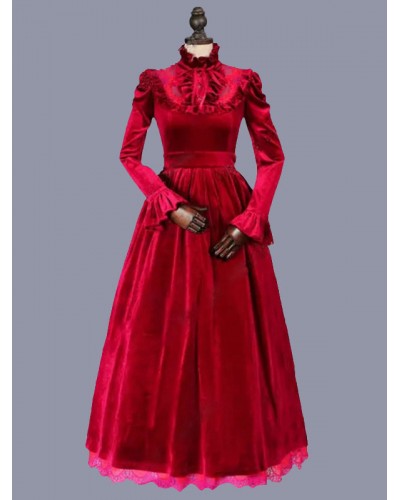 Women Red Costumes 's Floral Print Ruffles Polyester Marie Antoinette Costume Dress Masquerade Ball Gown Tunic Retro