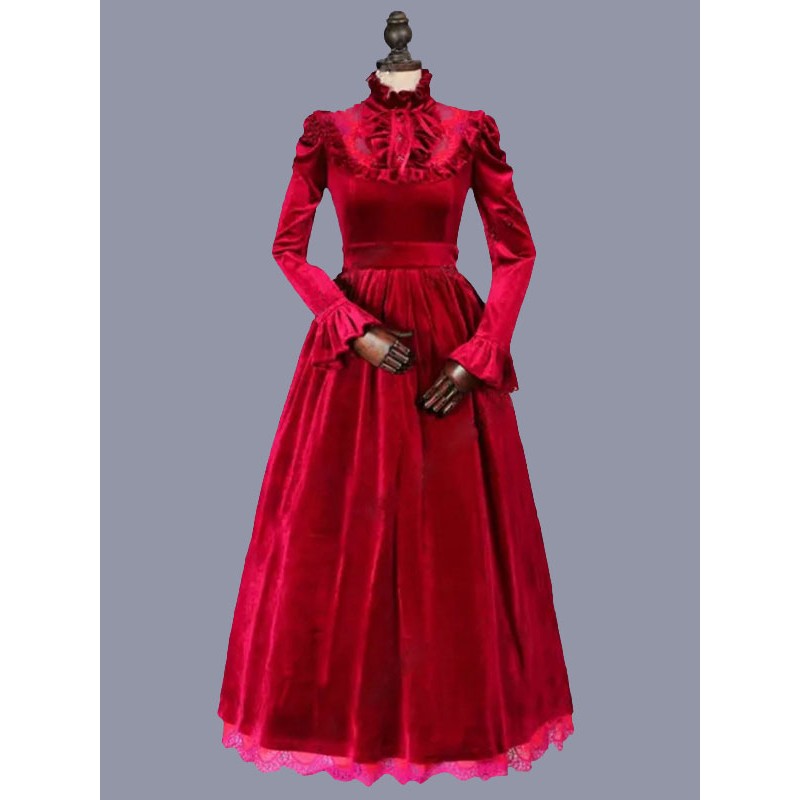 Women Red Costumes 's Floral Print Ruffles Polyester Marie Antoinette Costume Dress Masquerade Ball Gown Tunic Retro