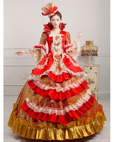 Retro Costumes Red Embroidered Polyester Headwear Dress Retro Marie Antoinette Costume Set Vintage Clothing ROCOCO Holiday Ball