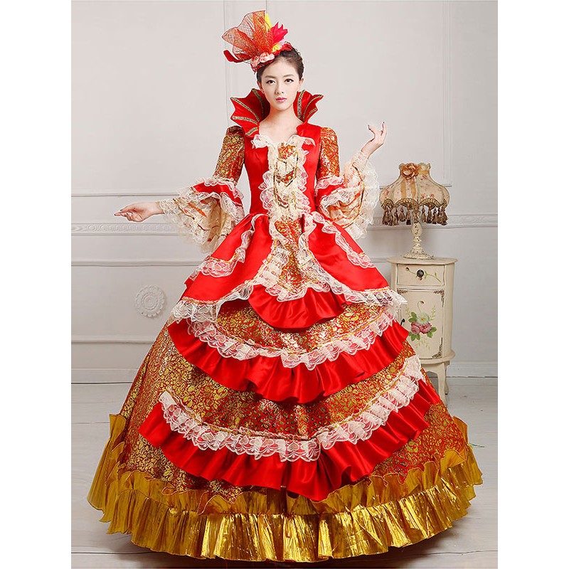 Retro Costumes Red Embroidered Polyester Headwear Dress Retro Marie Antoinette Costume Set Vintage Clothing ROCOCO Holiday Ball