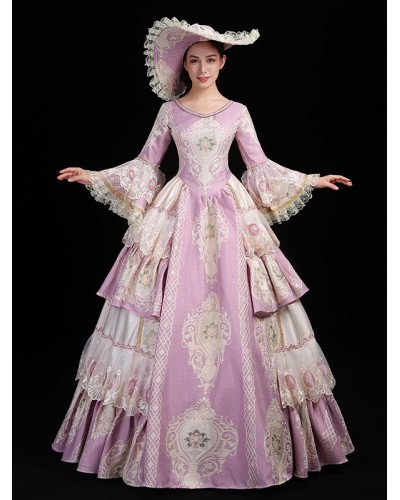 Women Pink Retro Costumes 's Floral Print Lace Ruffles Polyester Hat Dress Marie Antoinette Costume Party Prom Dress Tunic Vintage Euro-Style