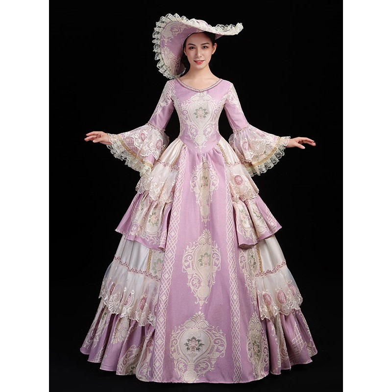 Women Pink Retro Costumes 's Floral Print Lace Ruffles Polyester Hat Dress Marie Antoinette Costume Party Prom Dress Tunic Vintage Euro-Style