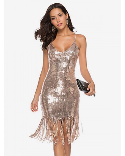 1920s Fashion Style Outfits Flapper Dress Great Gatsby For Women's Fringe V Neck Glitter Champagne With Tassels 20s Party Dress Vintage Dress Mardi Gras Halloween Ball Homecoming