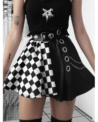 Women Skirt Black Chains Grommets Polyester Plaid Pattern Mini Skirt Skirts Hip Hop Gothic Academic