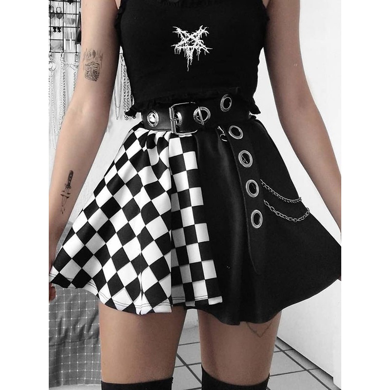 Women Skirt Black Chains Grommets Polyester Plaid Pattern Mini Skirt Skirts Hip Hop Gothic Academic