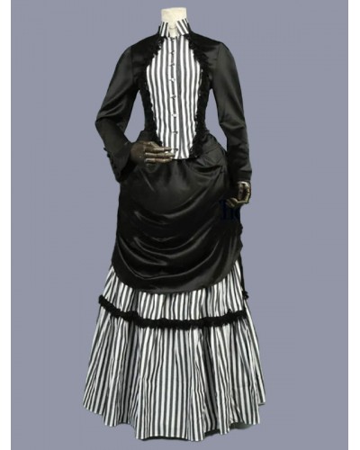 Women Black Costumes Ruffles Polyester Stripes Dress 's Marie Antoinette Costume Vintage Clothing Tunic Retro Gothic