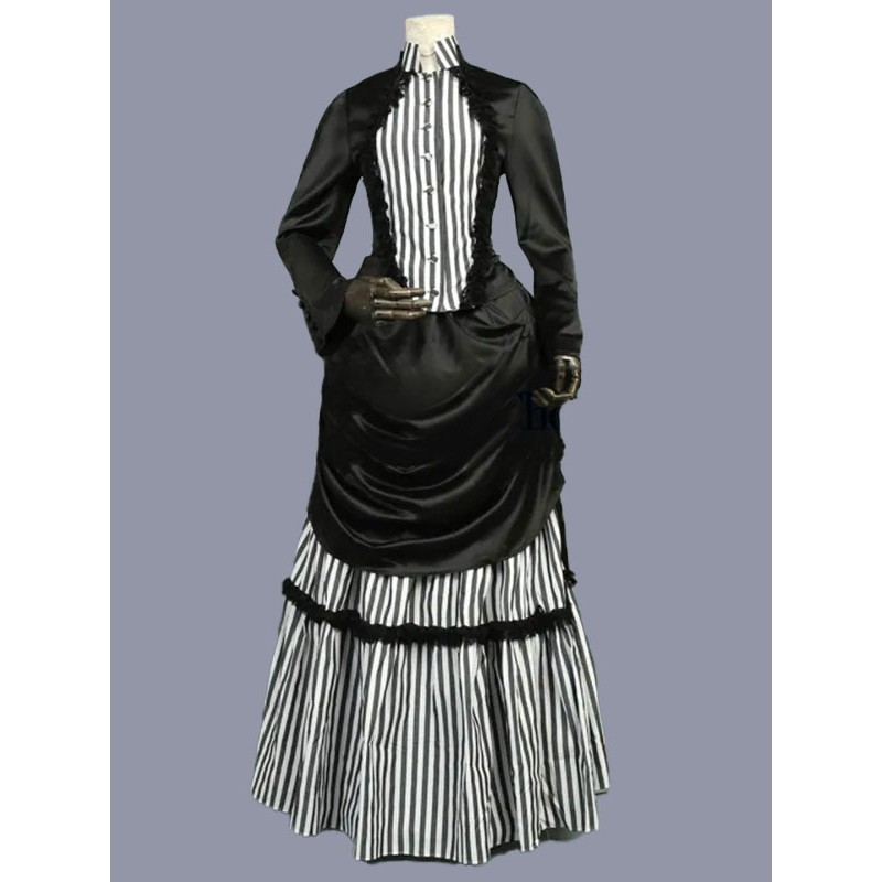 Women Black Costumes Ruffles Polyester Stripes Dress 's Marie Antoinette Costume Vintage Clothing Tunic Retro Gothic