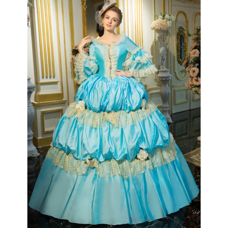 Victorian Dress Costume Blue Retro Costume Rococo Tiered Bell Sleeves Princess Victorian Era Clothing Retro Costumes Dress Baroque Halloween Holiday Pageant