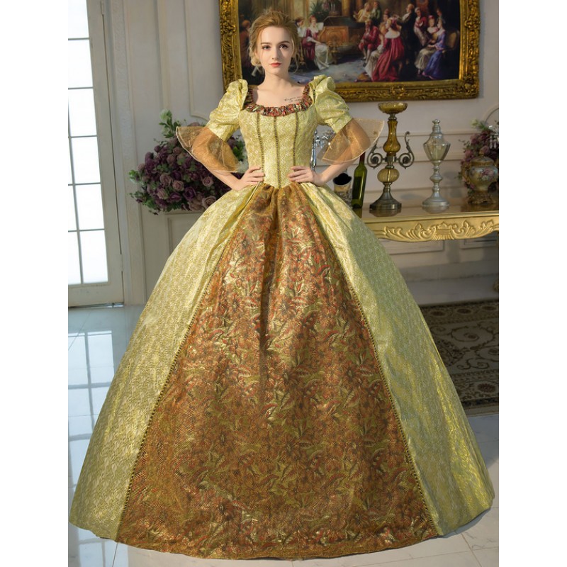 Victorian Dress Costume Women's Gold Retro Costume Squared Neckline Tunic Ball Gown Half Sleeves Victorian Era Clothing Retro Costumes Dress Baroque Halloween Holiday Pageant