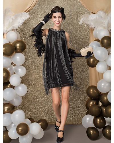 Black Great Gatsby Dress Costume 1920s Fashion Style Flapper Dress With Tassels Sleeveslesss Vintage 20s Party Outfits Short Dress Mardi Gras Halloween