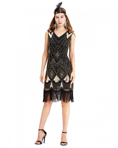 Great Gatsby Costume Black Gold Fringe Sequins Vintage 1920s Fashion Style Flapper Dress Outfits