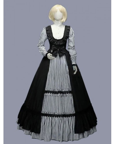 Women Black Costumes Ruffles Polyester Stripes Dress 's Marie Antoinette Costume Vintage Clothing Tunic Retro