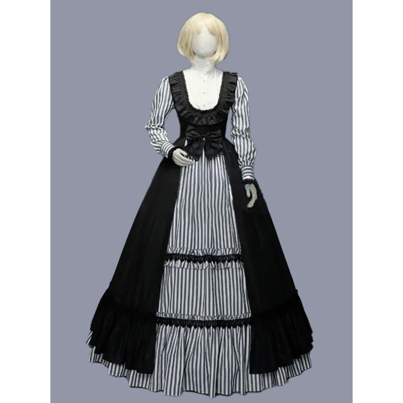 Women Black Costumes Ruffles Polyester Stripes Dress 's Marie Antoinette Costume Vintage Clothing Tunic Retro