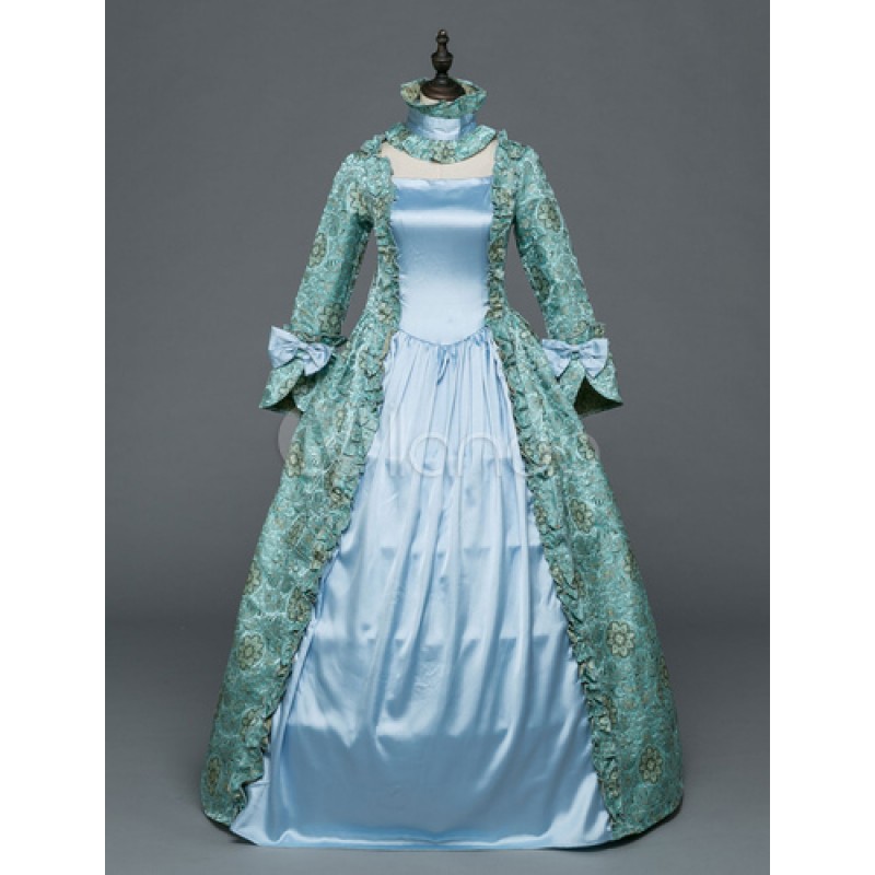 Women Halloween Retro Costume Victorian Dress Baroque Masquerade Ball Gowns Light Blue Floral Long Sleeve Vintage Costume Sets ROCOCO