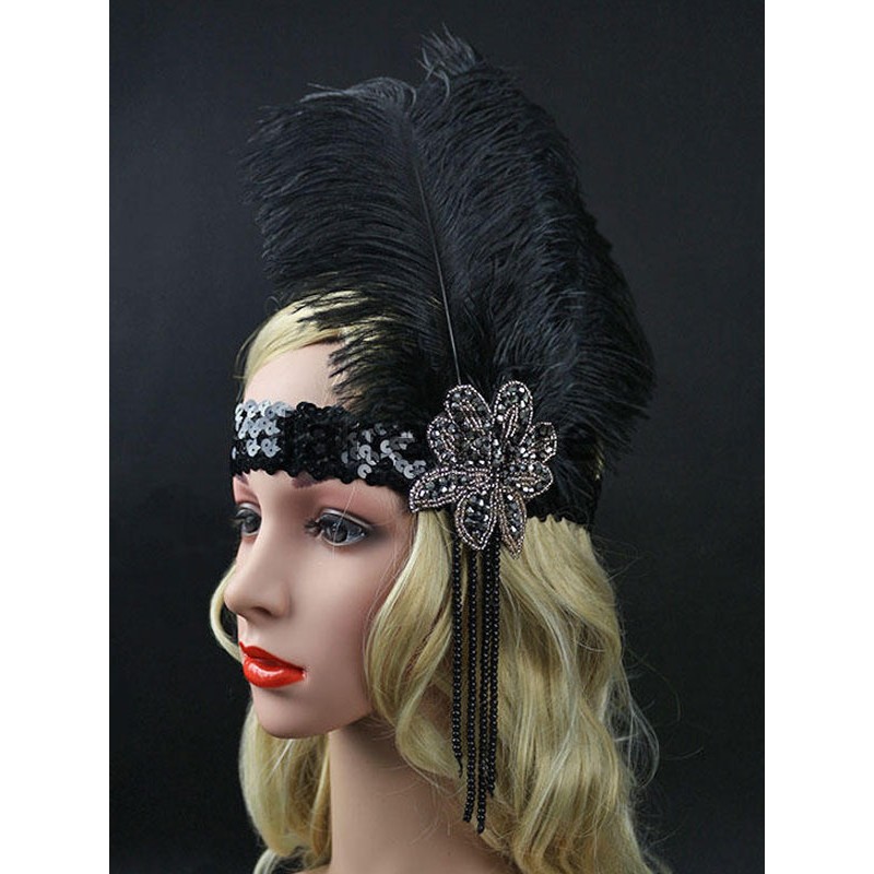 Flapper Feather Headband 1920s Fashion For Women's Vintage Black Costume Accessories Halloween Party