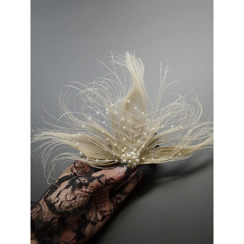 Dress Accessories 1920s Great Gatsby Accessory White Net Pearls Feather Pearl Headpieces Halloween Flapper