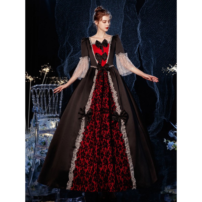 Women Rococo Victorian Retro Costume Dress Ruffles Floral Print Lace Cotton Cosplay Costume Carnival Euro-Style