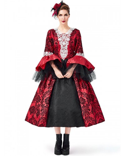 Victorian Dress Costume Costumes Lace Tulle Printed Red Dress Women's Trumpet Long Sleeves Lace Up Ball Gown Costume Masquerade Viactorian Era Clothing Retro Halloween