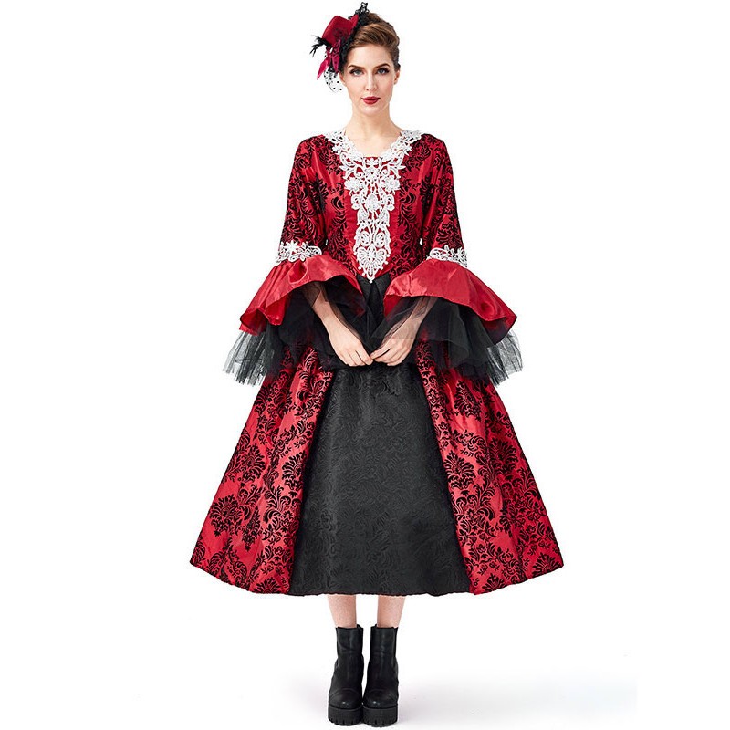 Victorian Dress Costume Costumes Lace Tulle Printed Red Dress Women's Trumpet Long Sleeves Lace Up Ball Gown Costume Masquerade Viactorian Era Clothing Retro Halloween