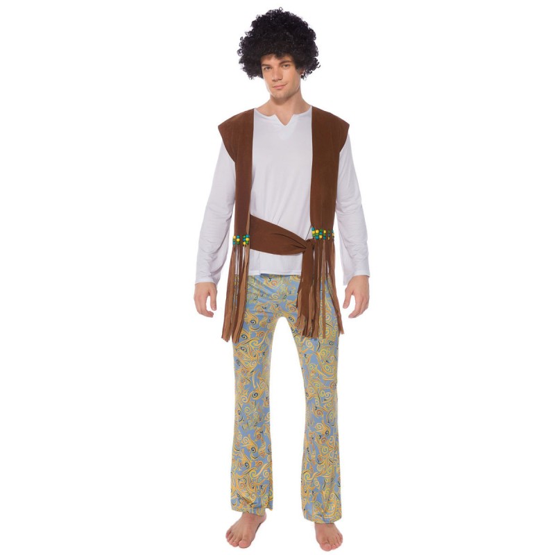 Men Retro Cosplay Vintage Set Coffee Brown Polyester Floral Print Long Sleeves Retro Costumes Full Set Sets Hippies