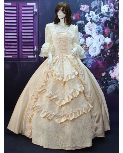 Rococo Beige Court Lace Ruffles Dress Synthetic Costume ROCOCO Halloween Holiday Pageant