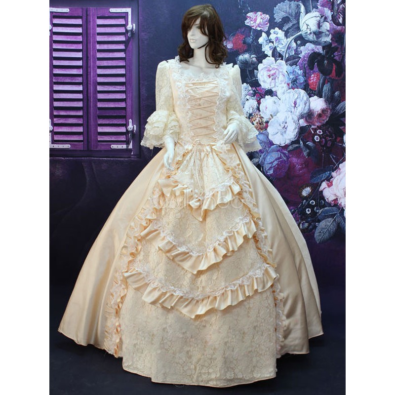 Rococo Beige Court Lace Ruffles Dress Synthetic Costume ROCOCO Halloween Holiday Pageant