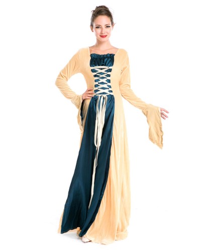 Women's Retro Costume Yellow Lace Up Two Tone Long Sleeve Maxi Dress Renaissance Halloween Holiday Pageant