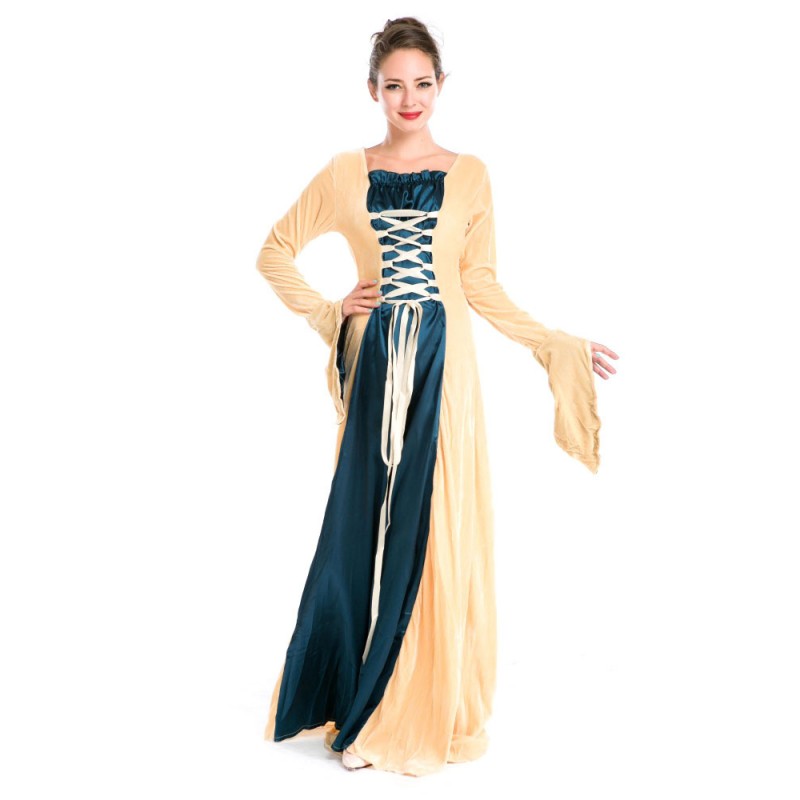 Women's Retro Costume Yellow Lace Up Two Tone Long Sleeve Maxi Dress Renaissance Halloween Holiday Pageant