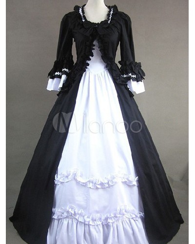 Black And White Poplin Long Sleeves Lolita One-Piece Dress Gothic