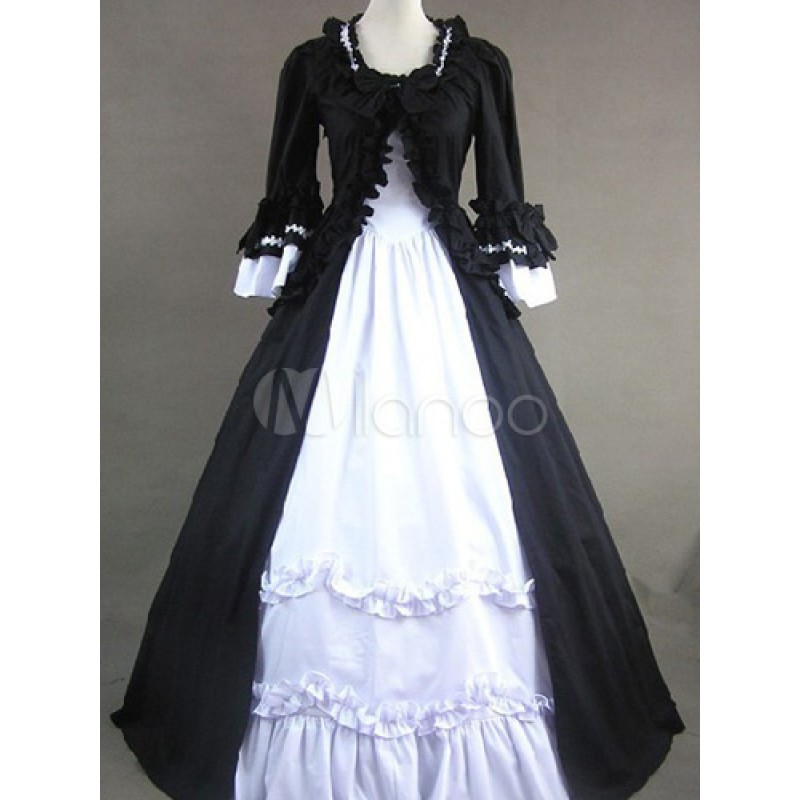 Black And White Poplin Long Sleeves Lolita One-Piece Dress Gothic