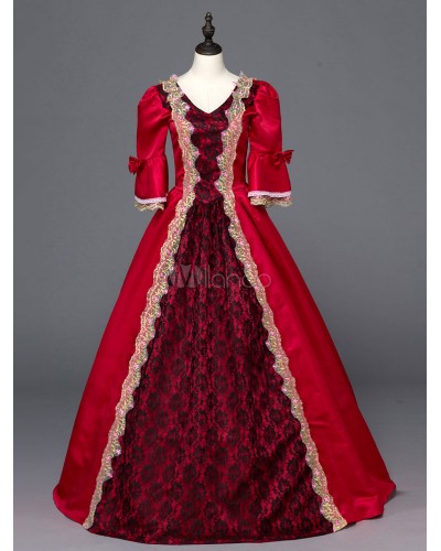 Women 's Vintage Costume Red Lace V Neck Bell Sleeve Ruffles Halloween Long Dresses Halloween Sets Gothic Euro-Style Elegant  Luxurious