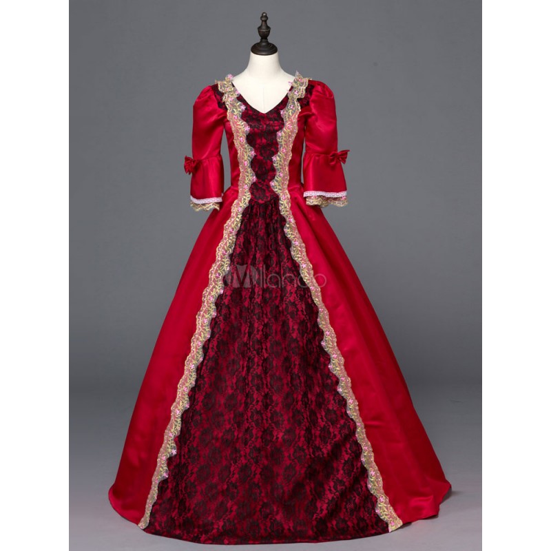 Women 's Vintage Costume Red Lace V Neck Bell Sleeve Ruffles Halloween Long Dresses Halloween Sets Gothic Euro-Style Elegant  Luxurious