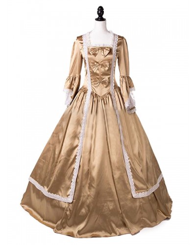 Women Victorian Dress Costume Gold Lace Bows Ruffles Long Sleeves Satin Long Clothing Party Dress Halloween Sets Victorian Era