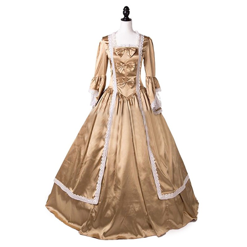 Women Victorian Dress Costume Gold Lace Bows Ruffles Long Sleeves Satin Long Clothing Party Dress Halloween Sets Victorian Era