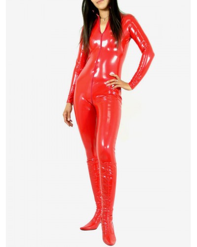 Unisex Halloween Red Front Open PVC Shiny Metallic Catsuit Solid