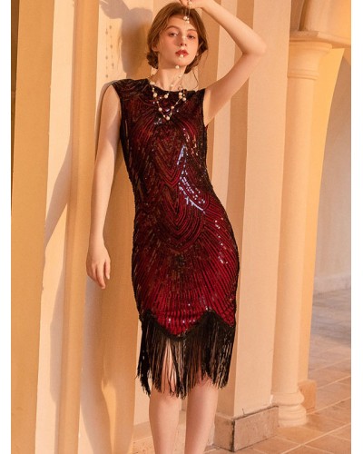 1920S Party Dresses Black Red Jewel Neck Fringe Sleeveless Semi Formal Dress Vintage Performance