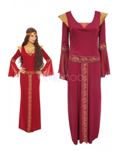 Women Vintage Costume Dark Red Maxi Dress With Headpieces Sets Renaissance